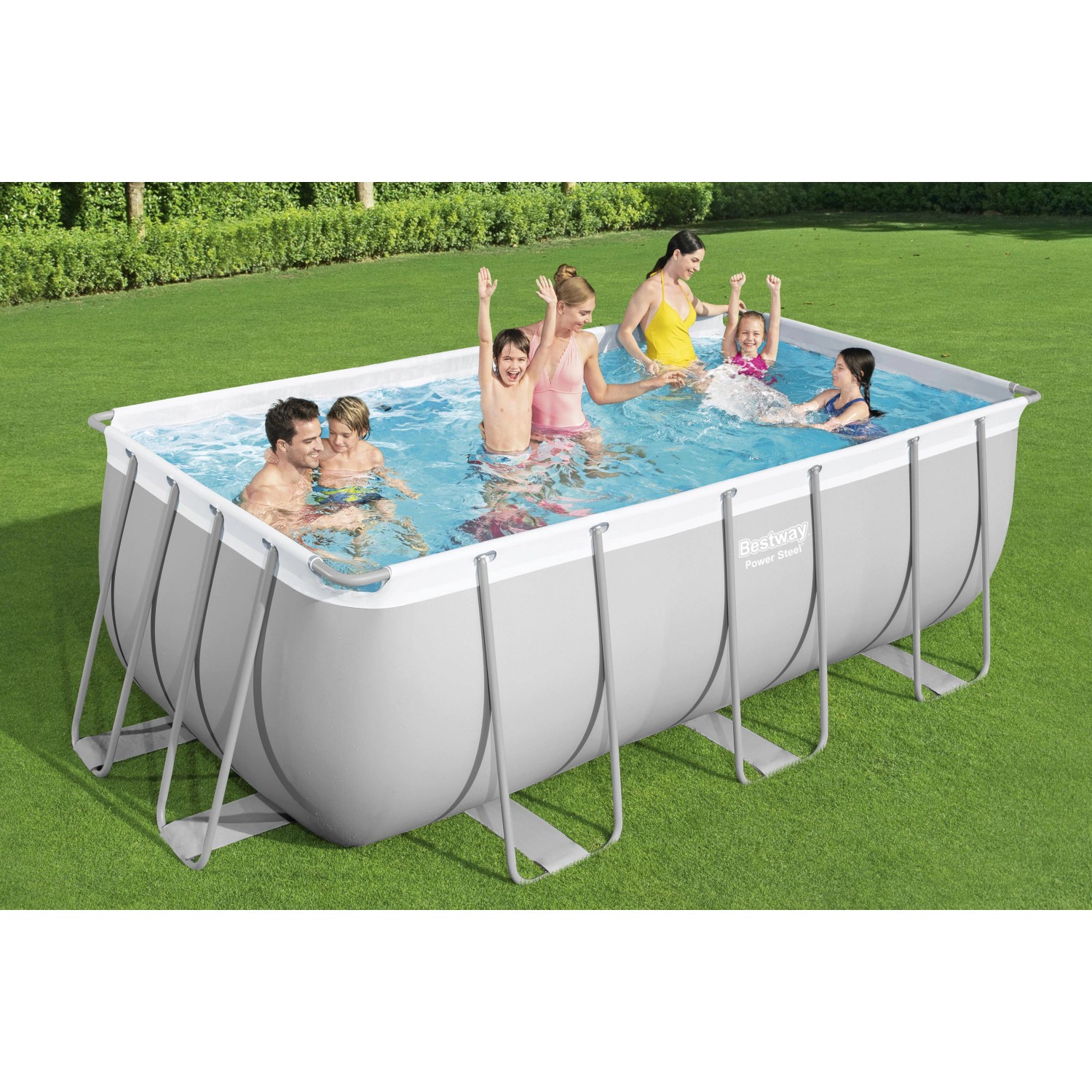 Bestway Frame Pool-Set Power Steel, 412x201x122 cm, lichtgrau, eckig, mit Familie im Garten.