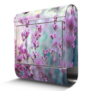 Edelstahl Briefkasten mit Lavendel Motiv und Zeitungsfach.