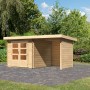 Karibu Gartenhaus Ängelholm aus unbehandeltem Holz mit Pultdach und Anbau.