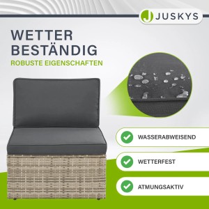 Juskys Polyrattan Lounge Salou Grau, wetterfest & atmungsaktiv. Gartenmöbel mit grauen Polstern.