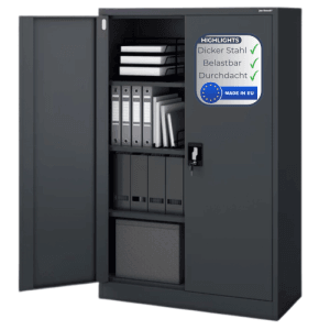DELUKE Aktenschrank KADO, anthrazit, mit geöffneter Tür und Ordnern.