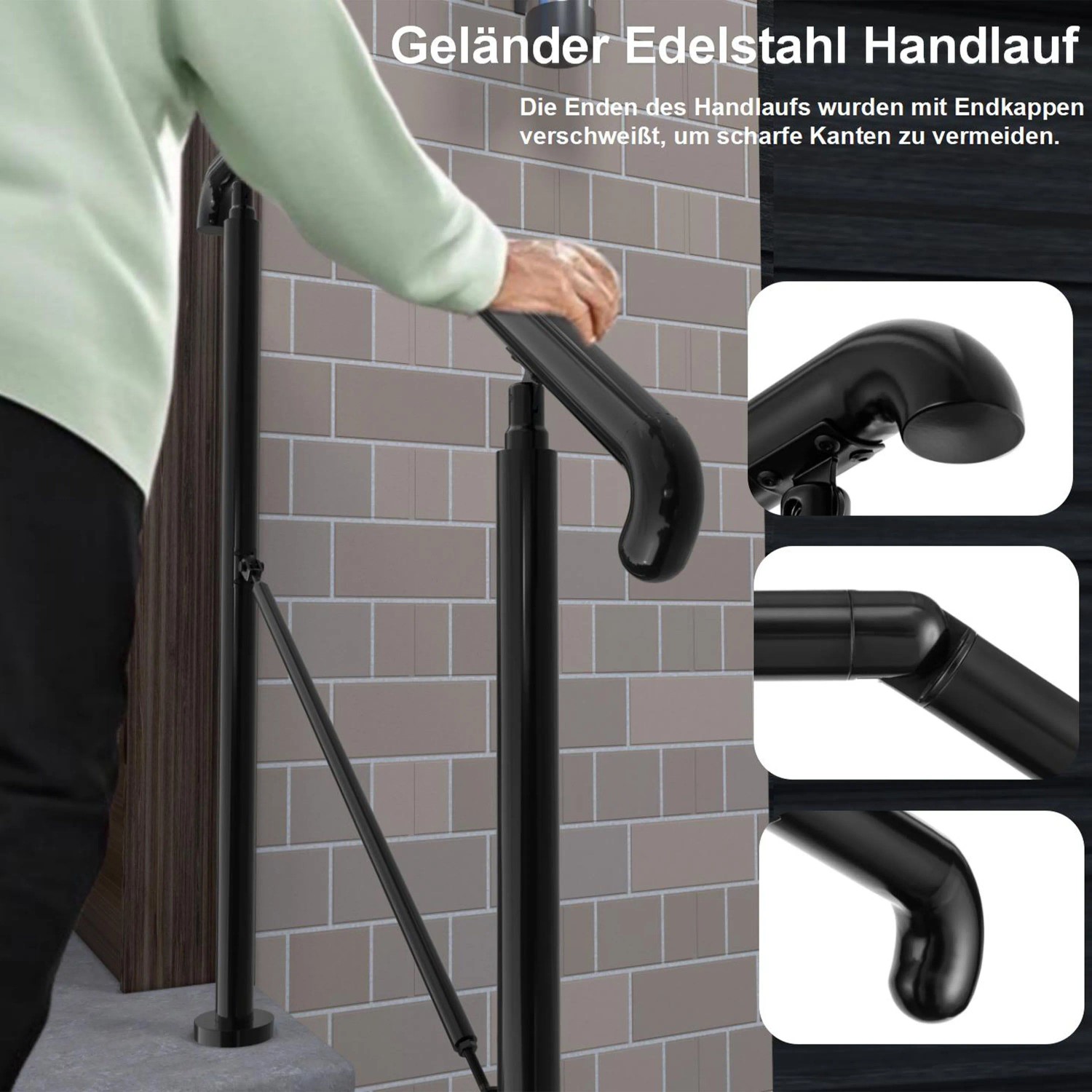Schwarzes AICA Edelstahl-Eingangsgeländer für 2-3 Stufen. Ergonomischer Handlauf mit Details zu Endkappen und Gelenk.