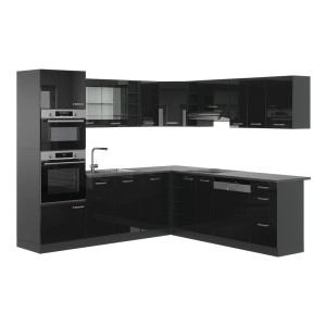 Vicco R-Line Einbauküche in Schwarz Hochglanz/Anthrazit, 237 cm breit, ohne Arbeitsplatte.