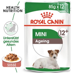 Royal Canin Mini Ageing 12+ Nassfutter für kleine, ältere Hunde, 85g Portionsbeutel.