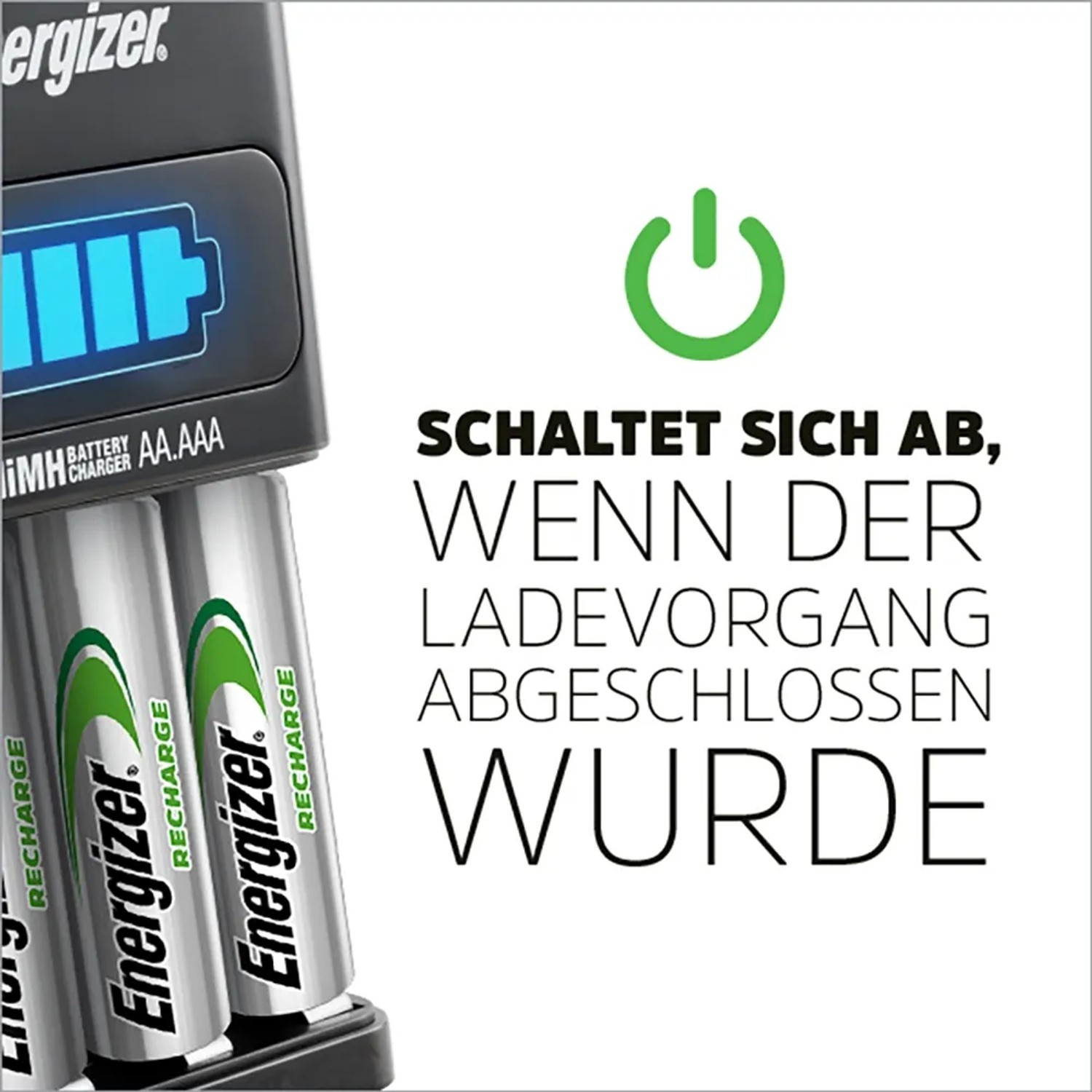 Energizer Schnell-Ladegerät mit Akkus. Ladegerät für AA/AAA NiMH Akkus mit LED-Anzeige.