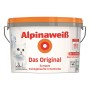 Eimer Alpinaweiß Das Original, 1 Liter, matte weiße Innenfarbe mit Katze auf dem Etikett.