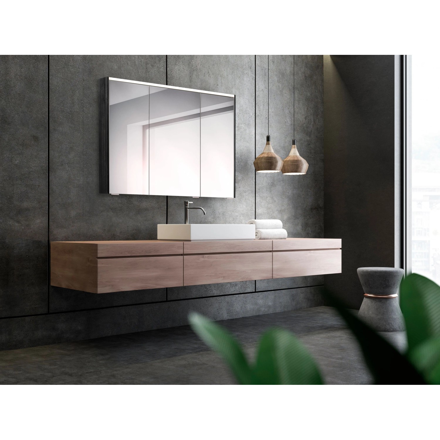 Sieper Spiegelschrank SPS-KHX 120, 120 cm breit, Holzdekor Dunkel im modernen Badezimmer.