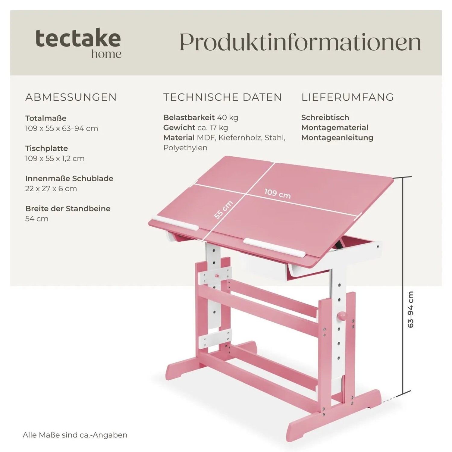 Pinkfarbener Tectake Schreibtisch, höhenverstellbar und neigbare Tischplatte.