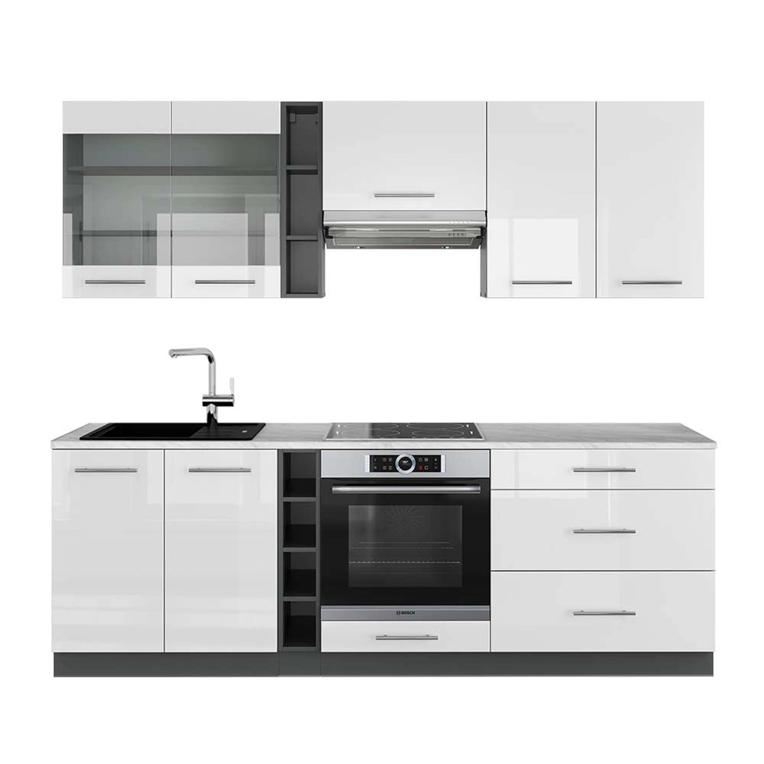 Vicco Fame-Line Küchenzeile Weiß Hochglanz/Anthrazit 235 cm AP Marmor günstig online kaufen