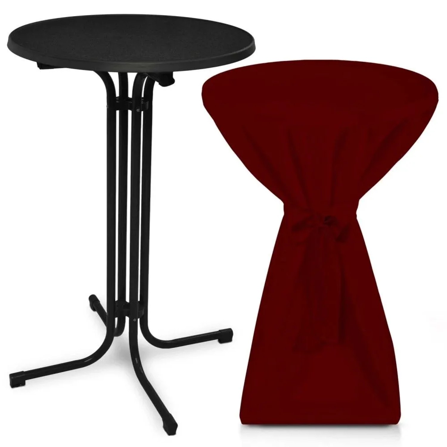 Beautissu Bellini Stehtisch ø 80cm Schwarz mit Premium Stehtischhusse ø 80cm Bordeaux