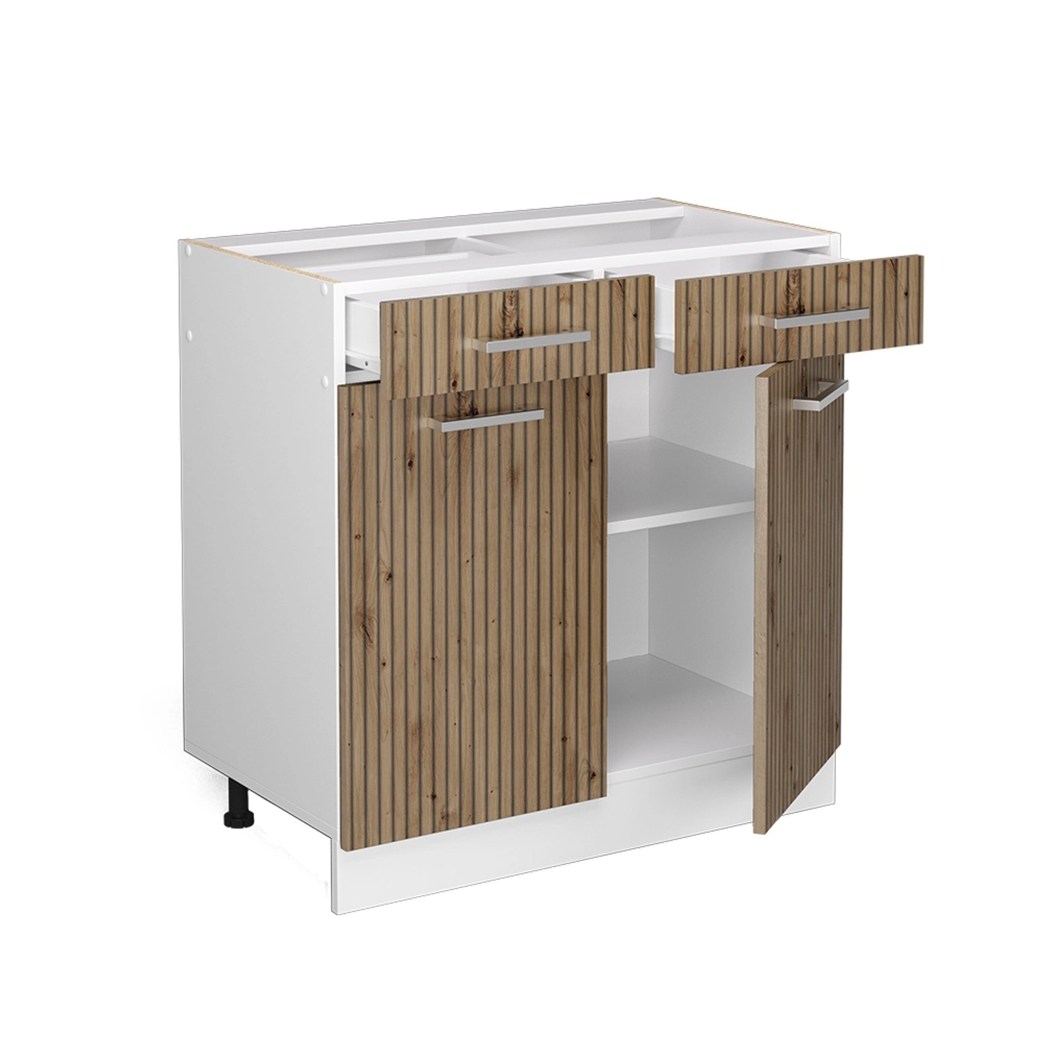 Küchenunterschrank R-Line mit Schubladen und Türen, Artisan Eiche/Weiß, 80 cm breit.