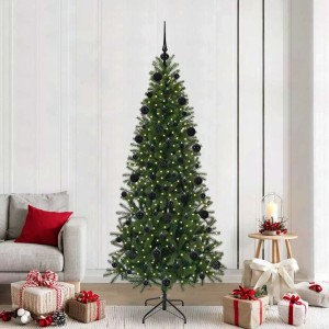 Geschmückter, künstlicher, grüner Weihnachtsbaum mit LED-Lichtern und schwarzen Kugeln (210 cm).