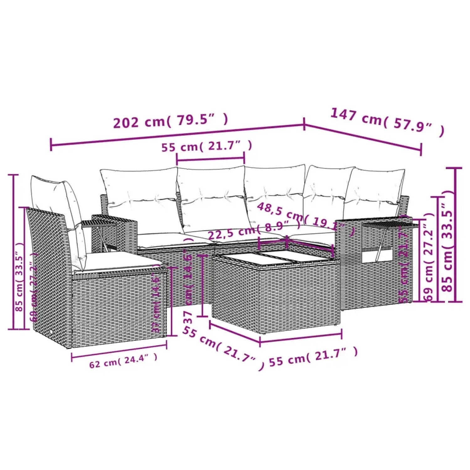 Graue 6-tlg. vidaXL Garten-Sofagarnitur aus Polyrattan mit Kissen und Tisch.