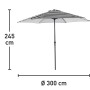Marktschirm Honolulu, Ø 300 cm, grau-weiß gestreift, mit Maßangaben zu Höhe und Durchmesser.