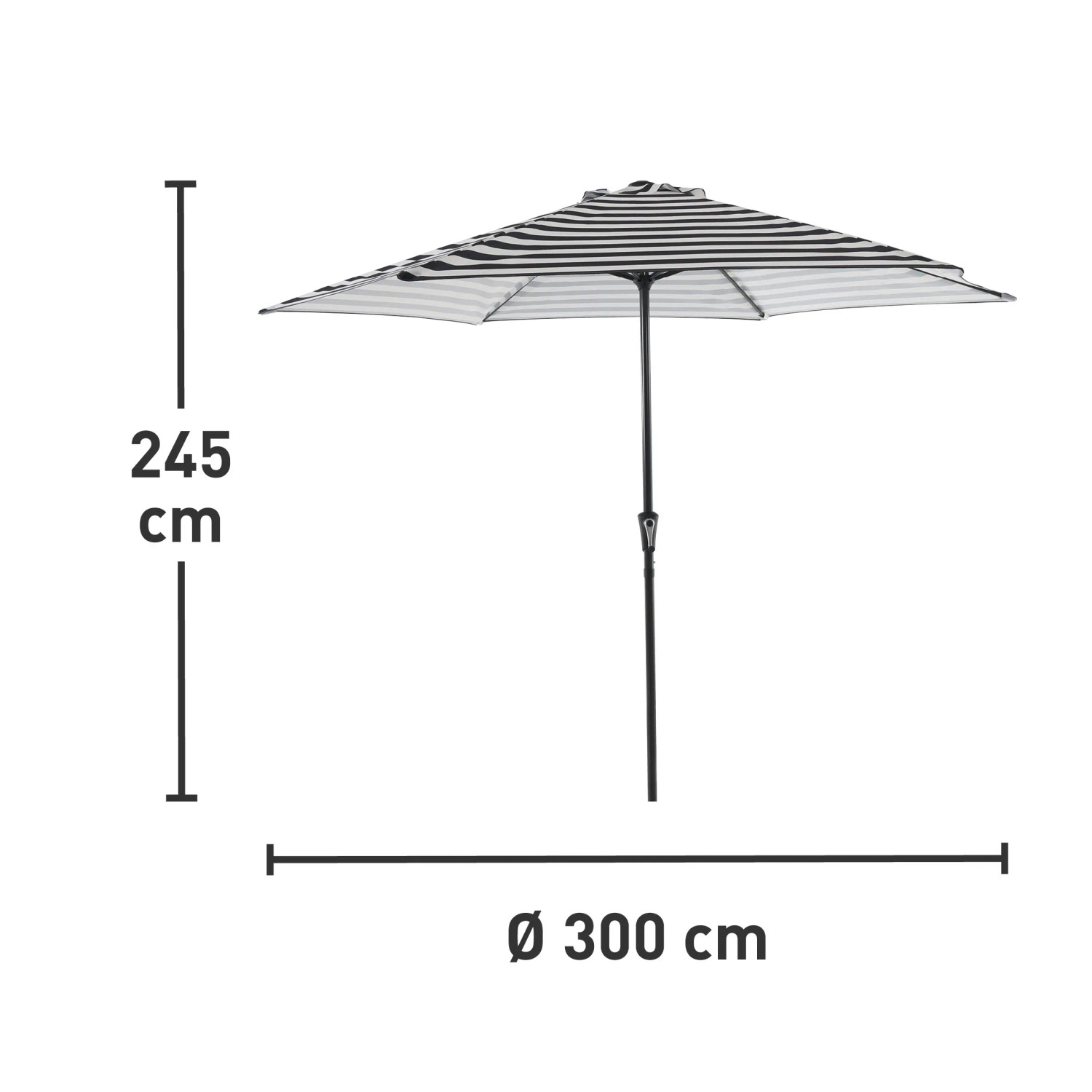 Marktschirm Honolulu, Ø 300 cm, grau-weiß gestreift, mit Maßangaben zu Höhe und Durchmesser.