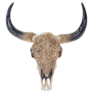 Deko Schädel Longhorn Tribal T454, detailreich verziert, als Wanddeko.