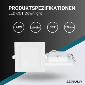 Quadratischer, weißer LUXULA LED Einbauspot mit CCT Farbtemperatursteuerung.