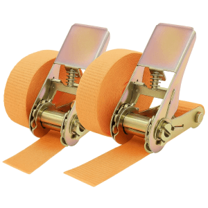 2 orangefarbene Spanngurte mit Ratsche, 4 m lang, für Ladungssicherung bis 800 kg.