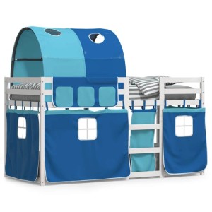 Weißes vidaXL Etagenbett aus Kiefernholz mit blauen Vorhängen und Tunnel, 80x200 cm Abenteuerbett für Kinder.