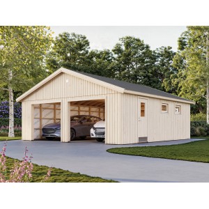 Palmako Garage Andre: Doppelgarage aus unbehandeltem Holz mit zwei Stellplätzen und Tür.