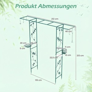 Grüner Metall-Rosenbogen mit Vogelfutterstation, Rankhilfen und Maßen 212x40x213 cm.