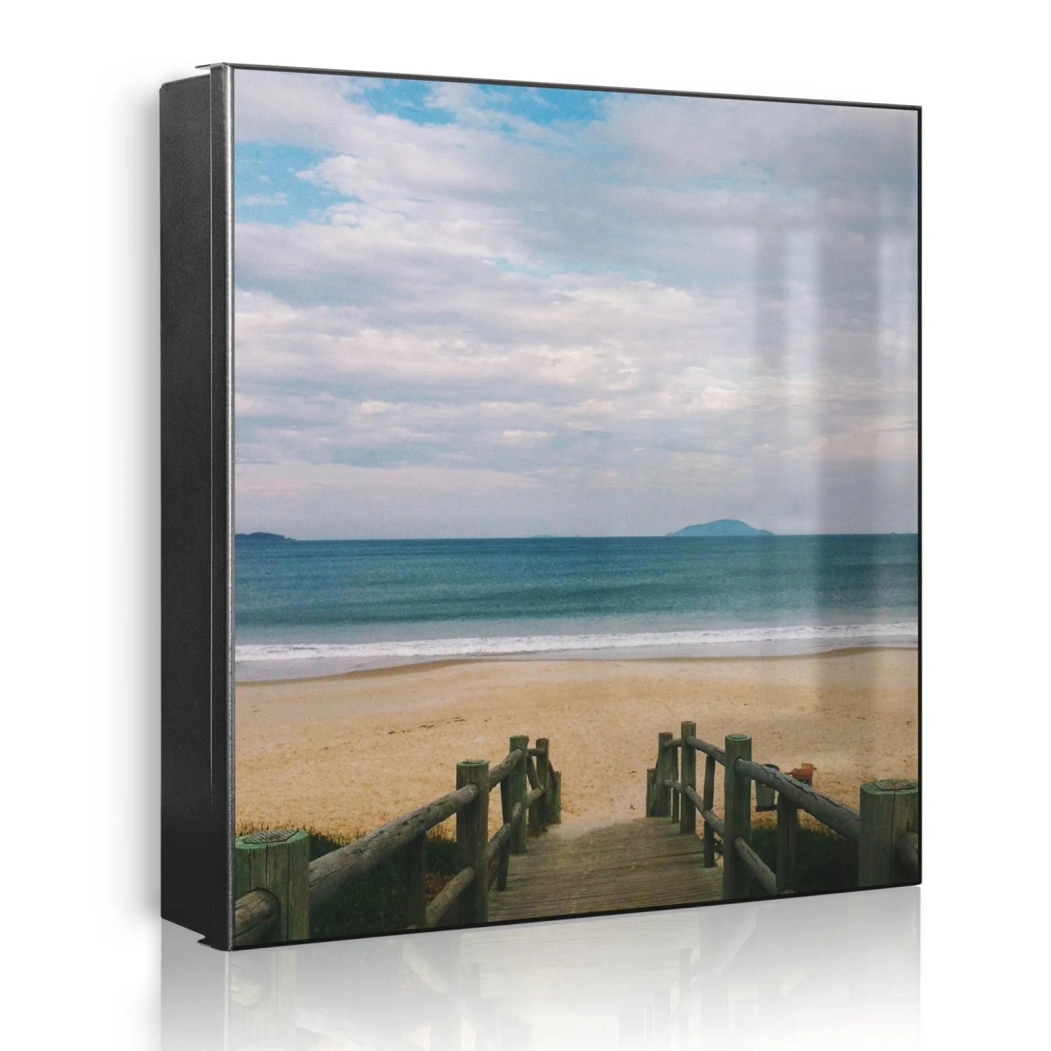 Banjado Großer Schlüsselkasten Metall 30x30cm Schwarz Scharnier Links 50 Haken Beschreibbar Magnetisch Motiv Zum Strand