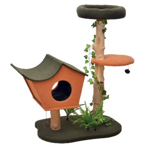 Fudajo Kratzbaum 114cm mit orange-grünem Katzenhaus, Birnbaumholzstämmen, Teddyfell und Pflanzendeko.