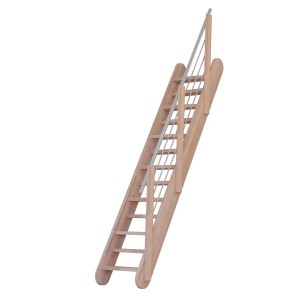 StarWood Treppe Samos, Buche mit Edelstahlgeländer. Gerade Holztreppe mit verjüngten Stufen.