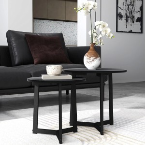 HOMCOM Couchtisch Set, zwei schwarze, runde Sofatische aus MDF und Stahl.