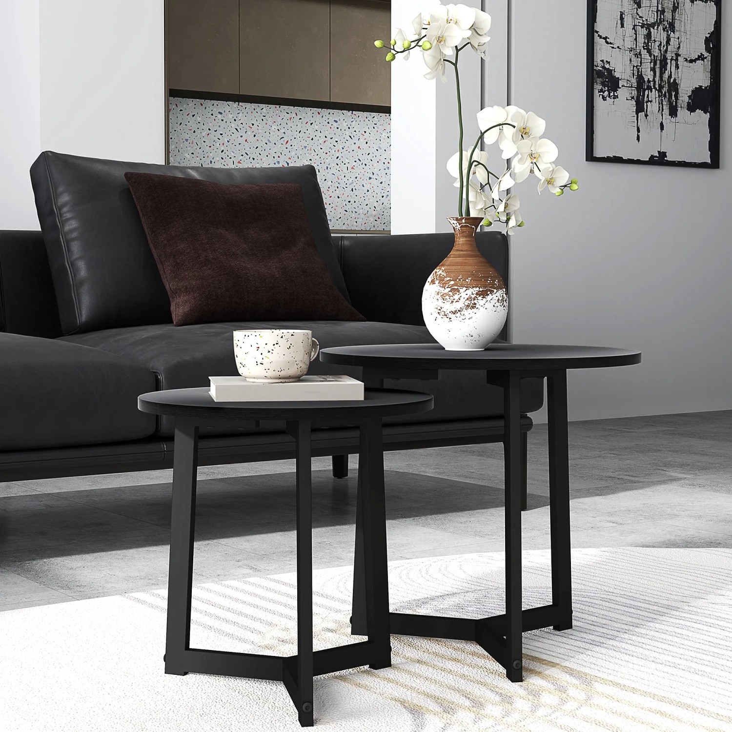 HOMCOM Couchtisch 2er Set rund schwarz MDF Stahl Ø 48 cm 45 cm hoch kaufen bei OBI