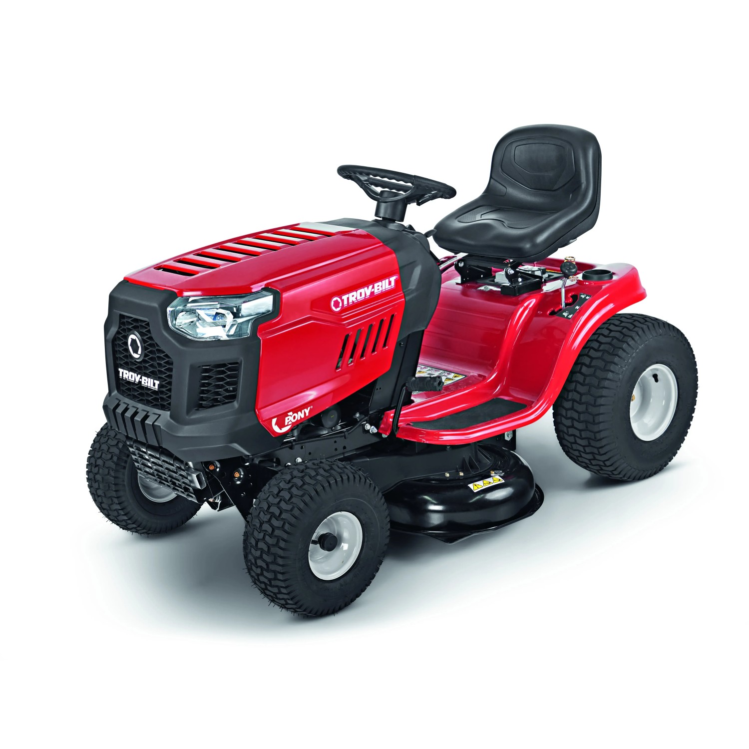 Roter Troy-Bilt Rasentraktor Pony 92T-S mit Seitenauswurf und schwarzem Sitz.