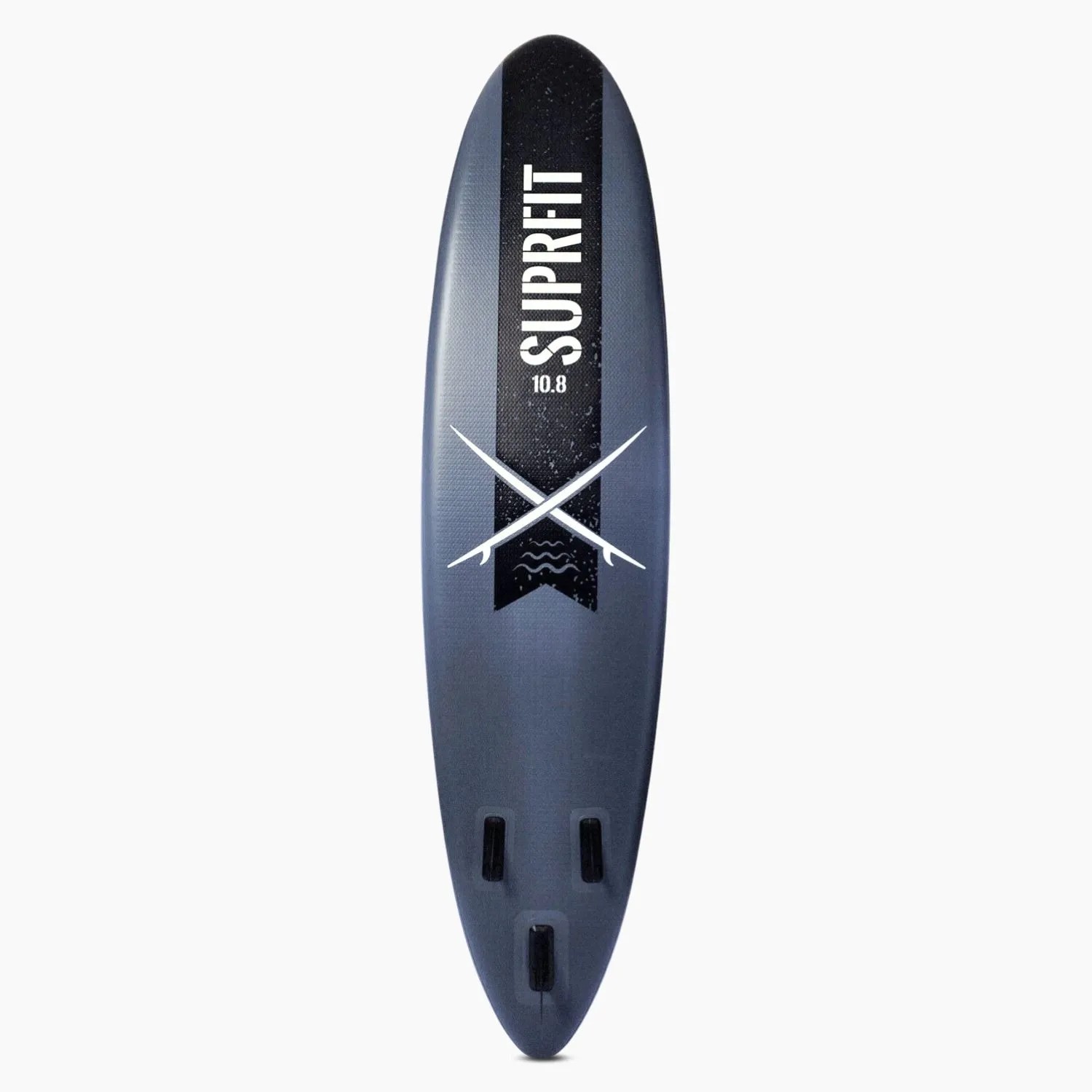 Grau-schwarzes Suprfit SUP Stand-Up-Paddling Board Lailani 10'8 mit Logo und drei Finnen. Robustes Allround-Paddelboard für Wassersport.