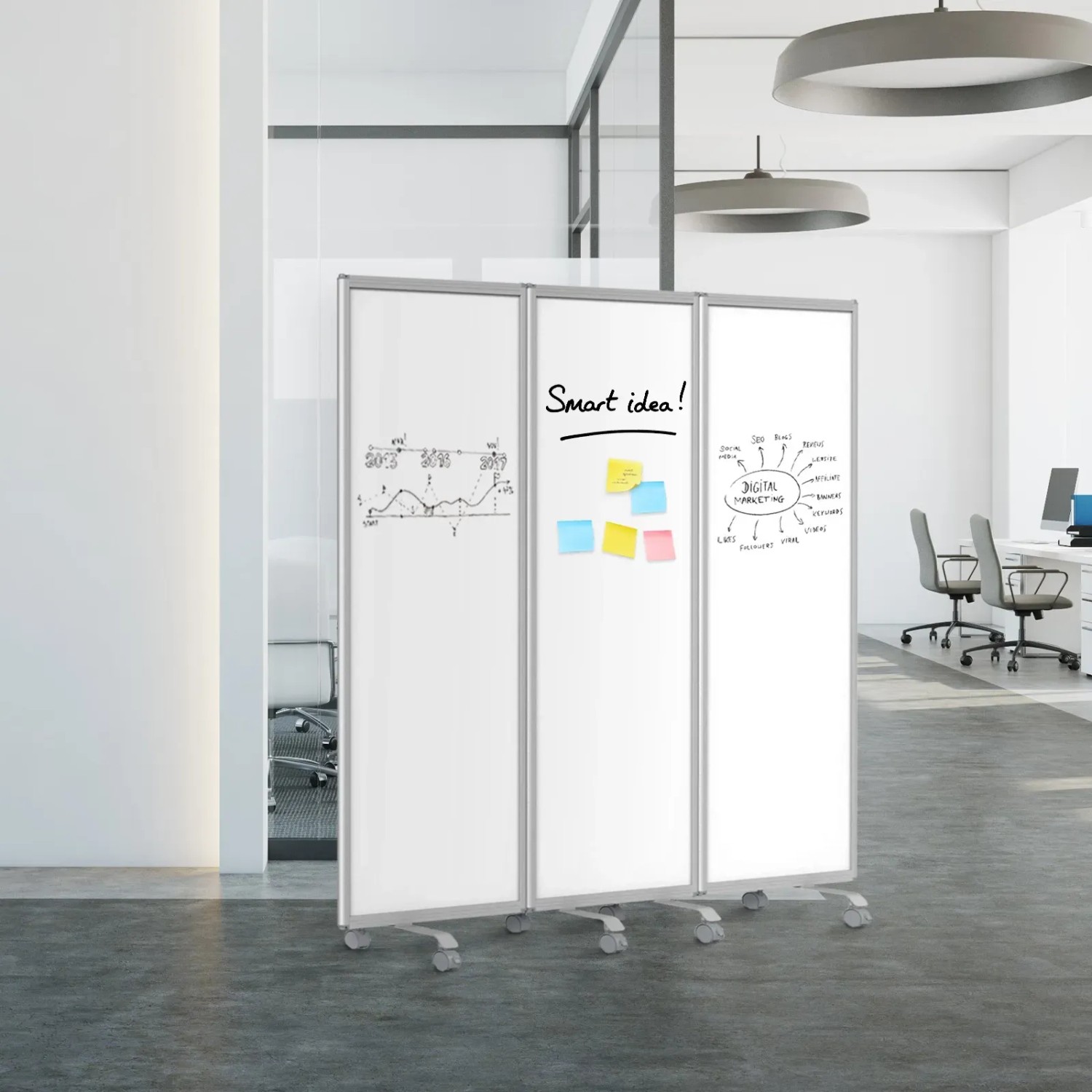 Mobile, beschreibbare Trennwand mit Rollen, 180x180 cm, ideal für Büro und Präsentation.