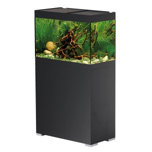 Oase Aquarium-Set StyleLine 125 Schwarz mit Unterschrank, bepflanzt und dekoriert.