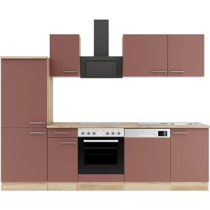 Moderne OPTIFIT Küchenzeile Bari407 in Rostrot, 270 cm breit, mit Elektrogeräten.