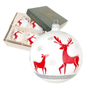 4er-Set Krebs Glas Lauscha Weihnachtskugeln mit roten Rentieren und silbernen Glitzerakzenten.