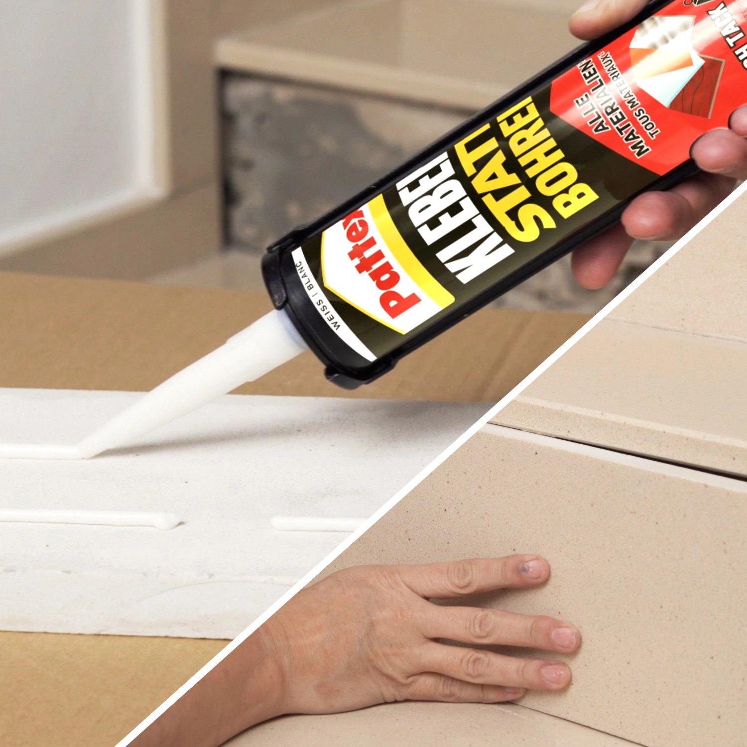 Pattex Montagekleber Kartusche in Anwendung: Kleben statt Bohren für starken Halt, weiß.