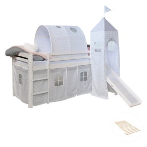 Homestyle4u Hochbett 90x200 Weiß mit Lattenrost und Rutsche Tunnel 2770