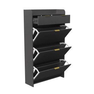 Schwarzer Schuhschrank mit 3 Klappen, Schublade und Metallfüßen. Schuhkommode für Flur.