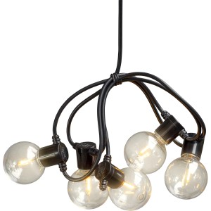 Konstsmide LED-Biergartenkette mit 10 klaren Leuchtmitteln und schwarzem Kabel.