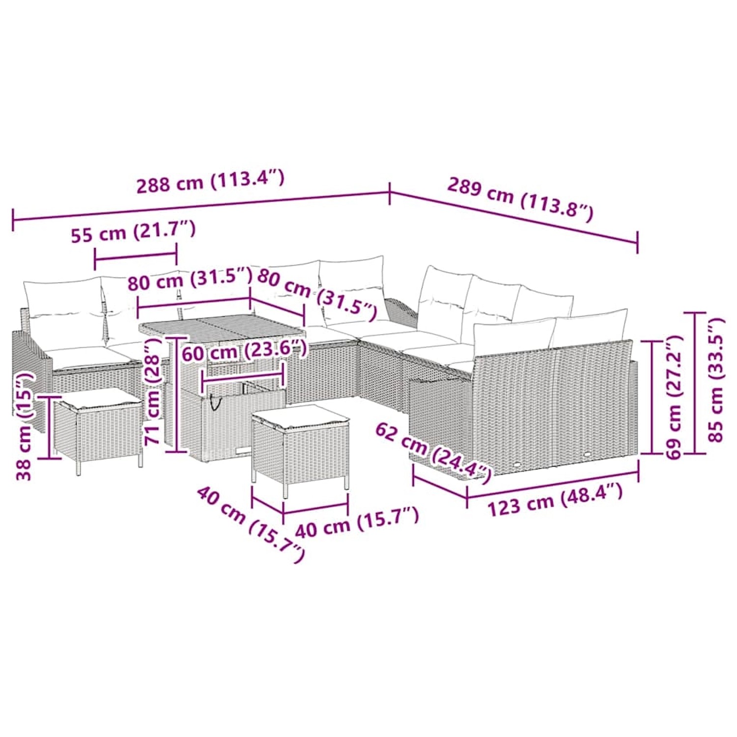 vidaXL Garten-Sofa-Set 13-tlg, schwarz, Poly Rattan, mit Tisch und Kissen. Gartenmöbel für Terrasse und Garten.