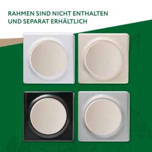 Vier OneKeyElectro Kreuzschalter in Weiß, Beige, Schwarz, Grau mit runden beigen Tasten, ohne Rahmen, Unterputz.