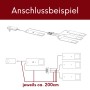 Anschlussplan für kalb LED Unterbauleuchten, 4er Set. Schematische Darstellung der Verkabelung mit Netzteil und Dimmer.