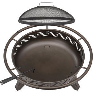 Braune Landmann Feuerstelle (Ø 74 cm) mit Funkenschutz und Schürhaken.