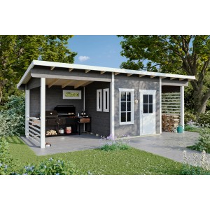 Skan Holz Gartenhaus Namur, 690x250 cm, schiefergrau mit zwei seitlichen Überdachungen.