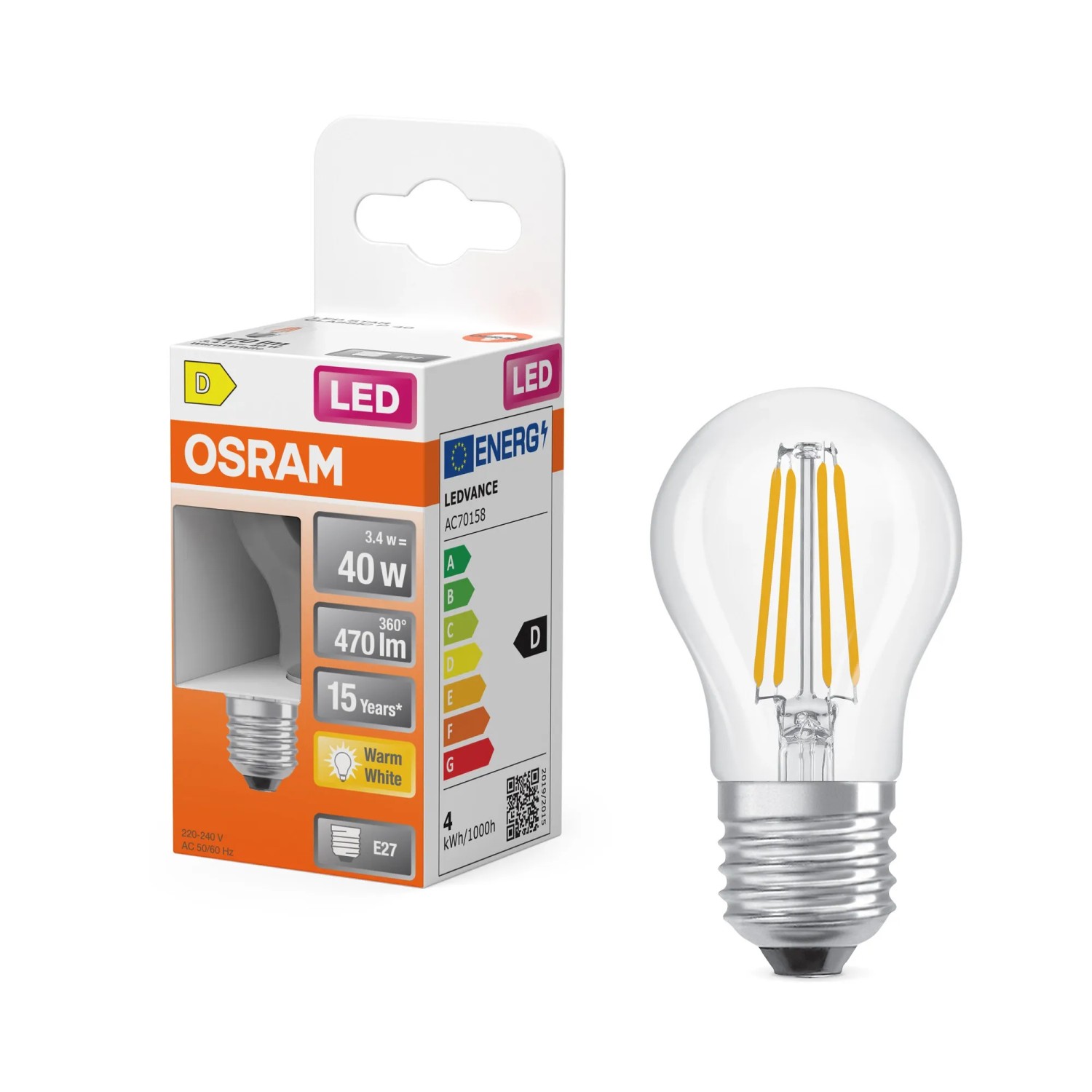 Osram LED-Lampe E27 Tropfenform, 3,4W, warmweiß, klar. LED-Leuchtmittel für den Innenbereich.