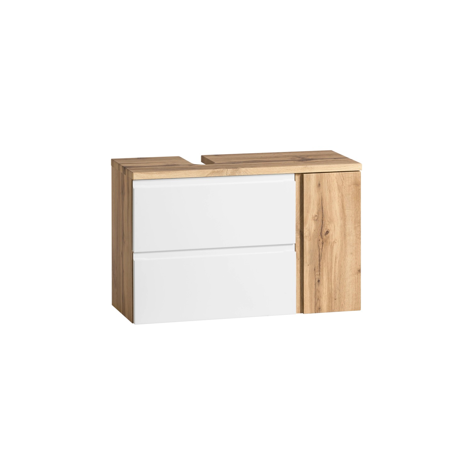 Held Möbel Unterbeckenschrank Ancona, 85 cm, Weiß-Wotaneiche, mit zwei Schubladen und Siphonausschnitt links.