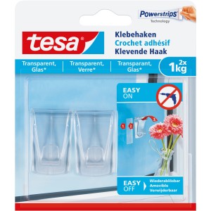 Tesa Klebehaken für Glas, transparent, bis 1 kg belastbar, 2 Stück im Set.