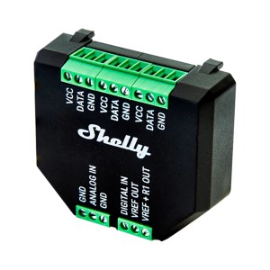 Schwarzes Shelly Sensorschnittstelle Plus Add-on zur Hausautomation mit grünen Anschlüssen.