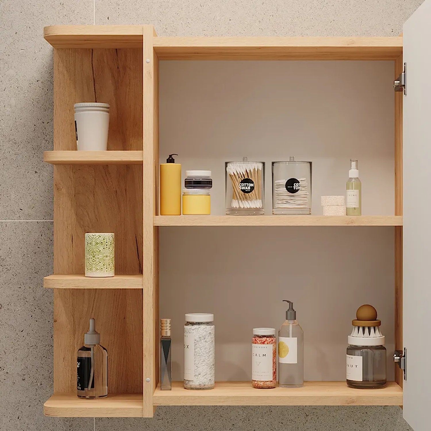 Vicco Spiegelschrank Fynn in Goldkraft Eiche, 62x64 cm, mit offenem Regal und Stauraum für Badutensilien.